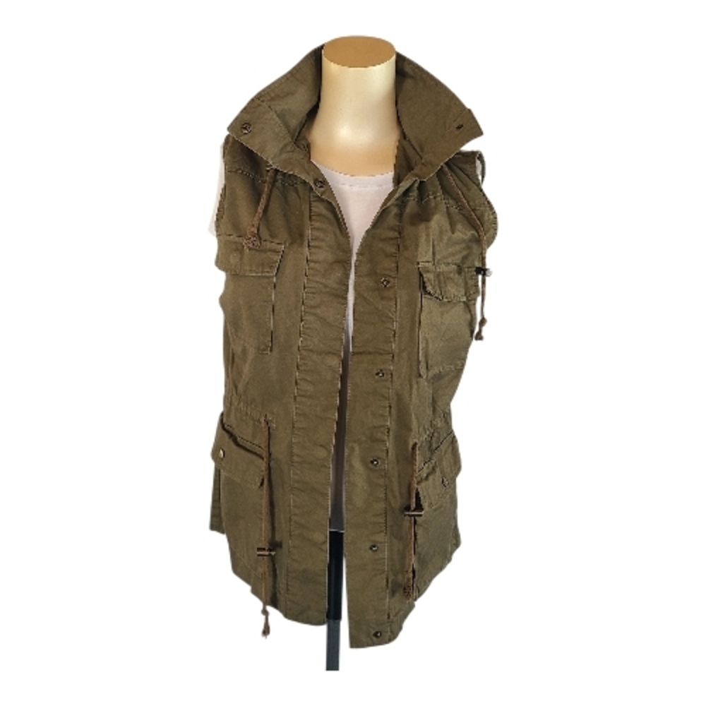Love Tree Olive Green Utility Vest Hooded Military Style Cargo Pockets Small